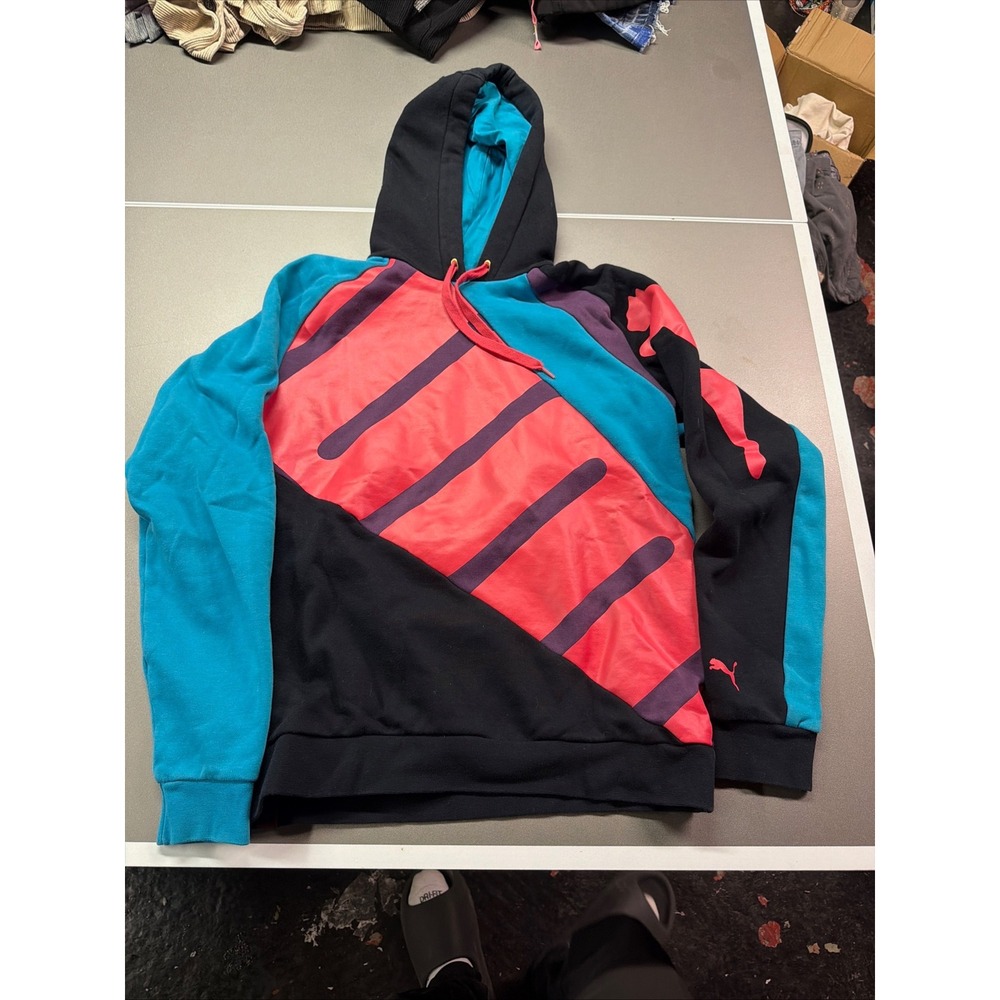 Puma Mens Sportlifestyle Colorblock Hoodie Black Pink Teal Graphic Sweatshirt M - Picture 3 of 6